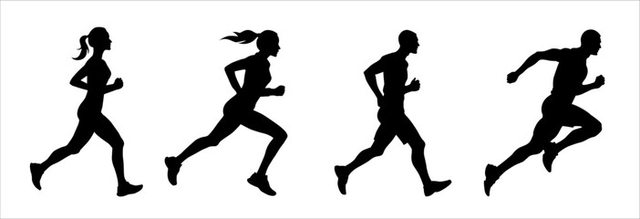 Running man and woman silhouettes. Vector set. Male and female runners figure shapes. Bare and naked slim healthy people work out