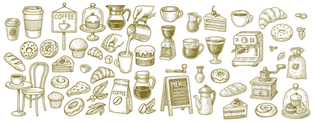 Assorted delightful coffee and pastry elements arranged showcasing bakery and cafe ambiance in engraving style