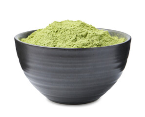 Superfood. Wheat grass powder in bowl isolated on white