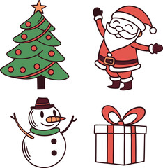 Christmas Cartoon Icons Santa, Snowman, Tree, gift box, Reindeer Vector Set on white background. Christmas Holiday Icons