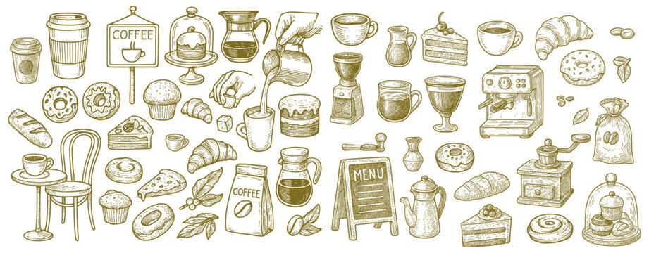 Assorted delightful coffee and pastry elements arranged showcasing bakery and cafe ambiance in engraving style