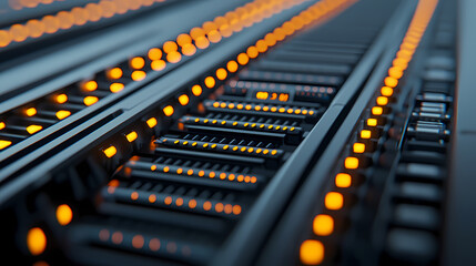 Close-up of illuminated audio mixing console with glowing orange lights and sliders in a dark studio setting.