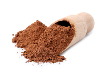 Superfood. Cacao powder and scoop isolated on white