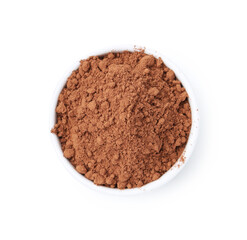 Superfood. Cacao powder in bowl isolated on white, top view