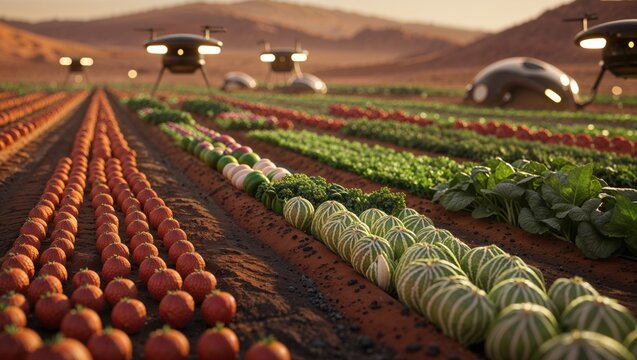 Futuristic farming. Drones automate the harvest of various crops in a meticulously organized field under a warm sunset.