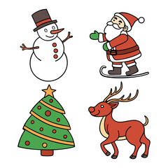 Christmas Cartoon Icons Santa, Snowman, Tree, gift box, Reindeer Vector Set on white background. Christmas Holiday Icons