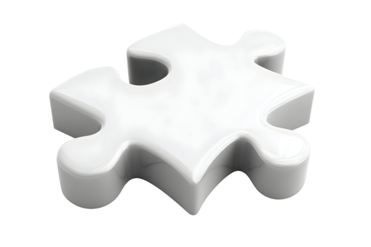 Glossy white puzzle piece. A 3D isolated design. Minimalist, modern, shiny, and smooth. Symbolizes connection and problem-solving