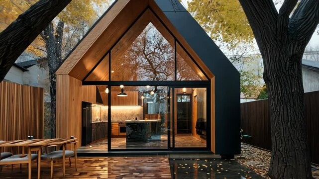 Beautifully crafted house blends modern design with nature featuring a triangular roof and surrounded by vibrant autumn foliage