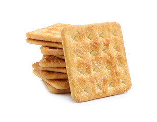 Stack of tasty salty crackers isolated on white