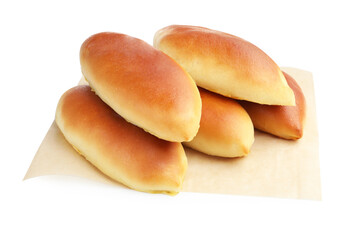 Many tasty baked patties isolated on white