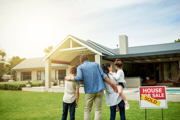 Mortgage, love and parents with children, new home and milestone for homeowner with property or...