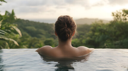 Fototapeta premium Relaxing woman in outdoor infinity pool at sunset Generative AI