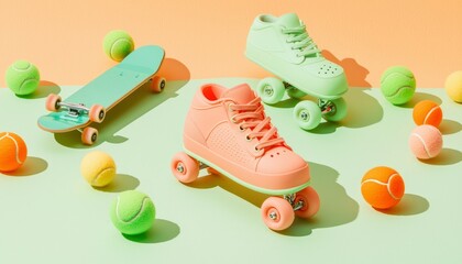 Pastel sports equipment and tennis balls