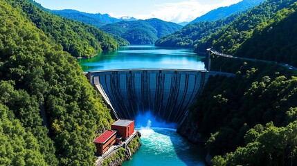 A train traveling through a large dam on a river surrounded by trees