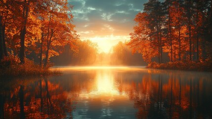 Autumn sunrise over a tranquil lake, vibrant fall foliage reflecting on the still water