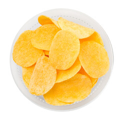 Tasty chips in bowl isolated on white, top view