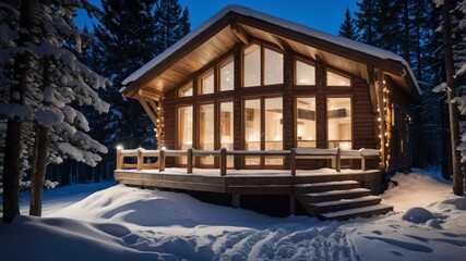 Beautiful cabin nestled in the snow displaying modern scandinavian architecture at night with a warm inviting glow from within