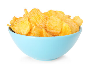 Tasty potato chips in bowl isolated on white