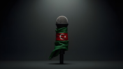 Libya’s flag strangles a microphone, a visceral symbol of muted voices. Stark lighting and shadows deepen the impact.