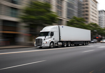 A large white semi-truck on a city road, blurred to show speed and motion in the daytime.