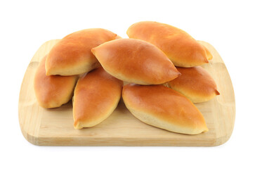 Many tasty baked patties isolated on white