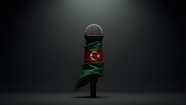 Libya’s flag strangles a microphone, a visceral symbol of muted voices. Stark lighting and shadows deepen the impact.