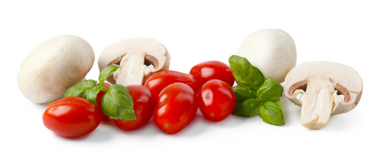 Fresh tomatoes, mushrooms and basil for pizza isolated on white
