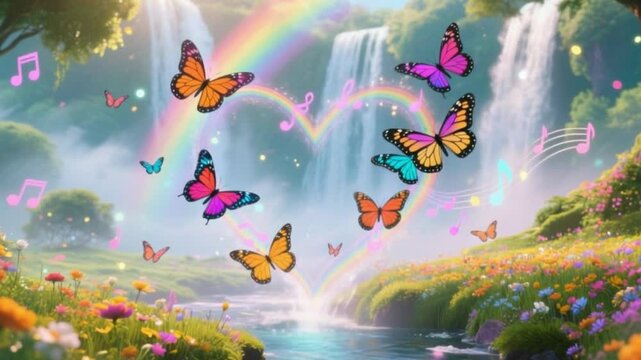 Looping animation fantasy landscape butterflies heart shapes waterfalls rainbow mist flowers musical notes glowing particles magical nature VJ visuals png isolate on white background Download.