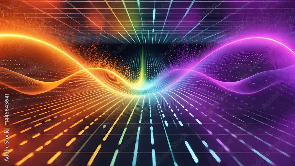 Poster vibrant digital waves of multicolored light motion flowing across futuristic grid background in abst
