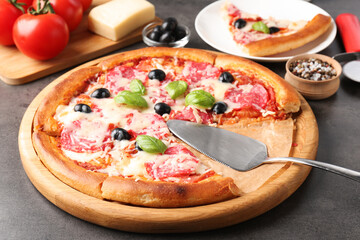 Tasty pizza and ingredients on grey table, closeup