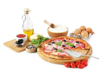 Tasty pizza and ingredients isolated on white