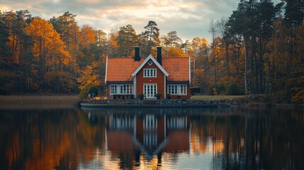 Fototapeta premium Autumnal home by a serene lake. Rustic, charming, and picturesque. Fall colors, reflecting in calm water