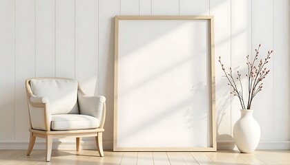 Wooden frame mockup close up standing near chair and vase in interior, 3d render created with generative ai