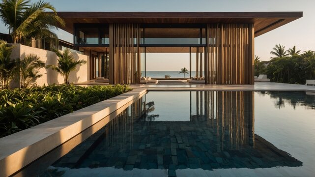 A stunning pool at a beachfront luxury villa featuring tropical modern design and breathtaking ocean views