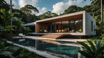 Fototapeta premium Contemporary compact modern house located in a lush jungle setting surrounded by vibrant tropical flora providing a unique natural retreat