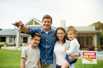 Portrait, happy and family with keys of new home for real estate success, investment and homeowner....