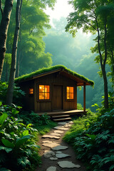 Secluded eco cabin in a rainforest landscape with layered tropical foliage, vibrant green tones, dynamic composition 