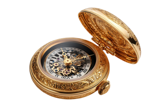 Exquisite gold pocket watch intricate detail open face revealing complex clockwork gleaming