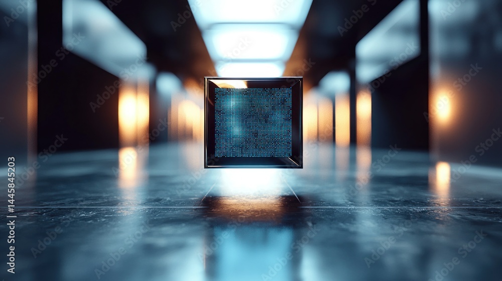 Poster floating cube reflects in space. lighting from above