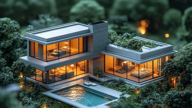 Isometric view of a modern house with the lights on and a pool in the backyard, surrounded by trees