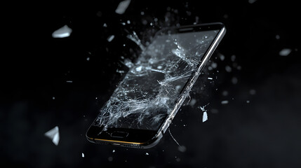 Shattered Screen: A moment of impact freezes in time, a cell phone's screen exploding into fragments against a dark, enigmatic backdrop. The image speaks of destruction and disruption.
