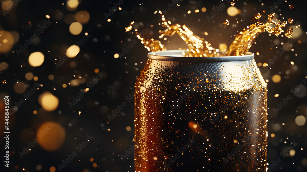 Poster sparkling refreshment: an appetizing close-up captures a refreshing beverage erupting from a cold al
