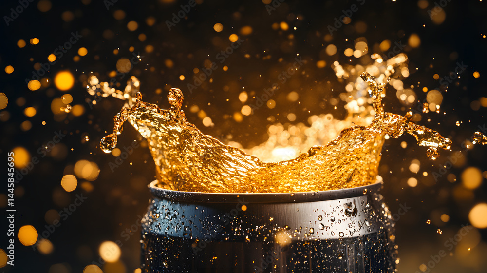Poster refreshing splash: a close-up shot captures the dynamic moment a drink splashes out of a can, a burs
