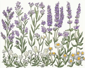 Naklejka premium A collection of botanical illustrations featuring lavender and chamomile flowers.