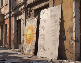 Sun-baked paper posters, peeling paint, urban backdrop,  sun-damaged,  background