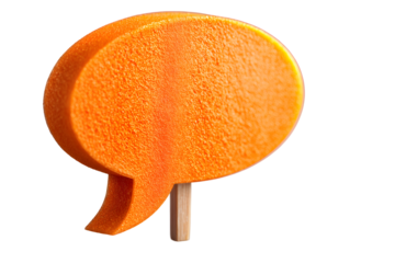 Speech bubble prop Bright orange speech bubble on a stick, set against a plain transparent background