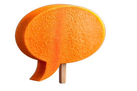 Speech bubble prop Bright orange speech bubble on a stick, set against a plain transparent background