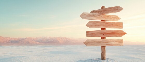 Wooden directional sign in snowy landscape. Arrow signs point different ways. Mountain range in background. Pale sky during sunrise or sunset. Cold environment.