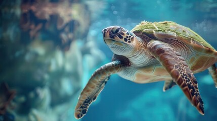 Fototapeta premium Majestic Sea Turtle Swimming Gracefully in Crystal Clear Water