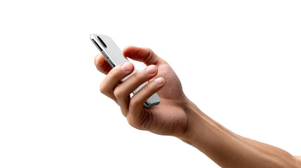 Fototapeta premium Holding the Device: A person's hand cradles a sleek, modern mobile device against a clear, unadorned backdrop. Showcasing digital connection and effortless communication.